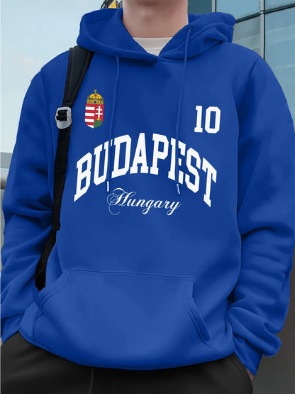 Budapest mintás férfi kapucnis pulóver – bélelt, laza fazon