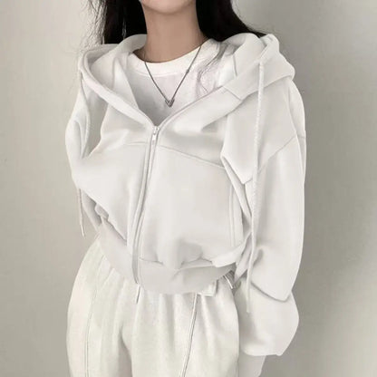 Női cropped cipzáras kapucnis pulóver – laza Y2K streetwear stílus