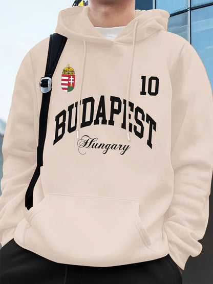 Budapest mintás férfi kapucnis pulóver – bélelt, laza fazon