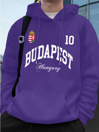 Budapest mintás férfi kapucnis pulóver – bélelt, laza fazon