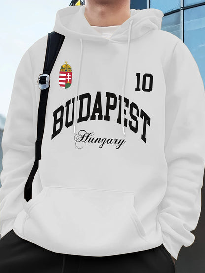 Budapest mintás férfi kapucnis pulóver – bélelt, laza fazon