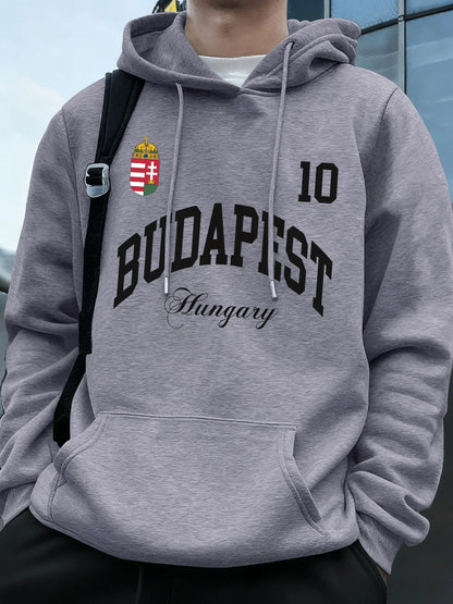 Budapest mintás férfi kapucnis pulóver – bélelt, laza fazon