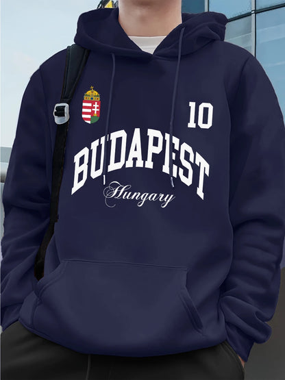 Budapest mintás férfi kapucnis pulóver – bélelt, laza fazon