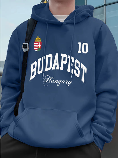 Budapest mintás férfi kapucnis pulóver – bélelt, laza fazon