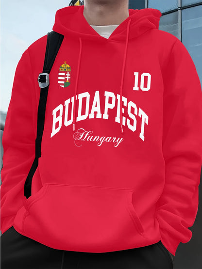 Budapest mintás férfi kapucnis pulóver – bélelt, laza fazon